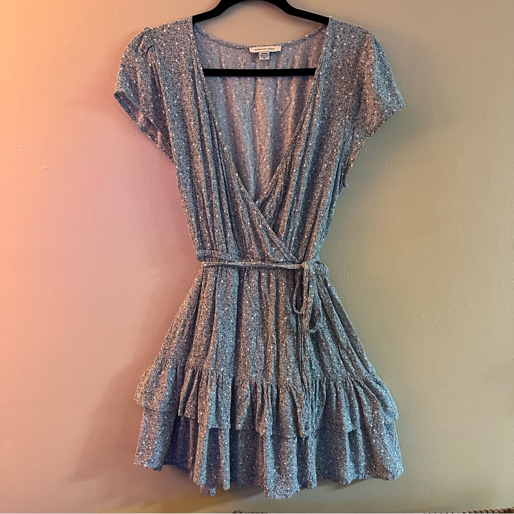 Dainty blue/green floral dress with ruffles and tie waist
